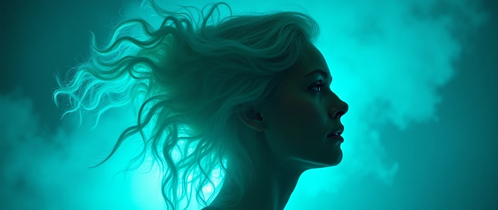 [Core Concept] A cinematic silhouette of a captivating Russian woman set against a vibrant turquoise backdrop.

[Character Description] The woman's profile is showcased, her voluminous white hair cascading around her serene, calm expression. Her eyes are slightly open, lending an introspective and alluring gaze.

[Environment/Background] The turquoise backdrop creates a vivid, otherworldly setting, accentuated by the presence of glowing, ethereal particles swirling around the central figure.

[Style and Atmosphere] The overall aesthetic is cinematic and dramatic, with a sense of mystery and intrigue surrounding the subject.

[Composition] The silhouetted figure is positioned prominently, drawing the viewer's attention to her captivating presence.

[Details and Embellishments] The glowing particles add a touch of mysticism and enchantment, while the voluminous white hair frames the subject's face in a visually striking manner.

[Technical Specifications] The image should be rendered with a high level of detail and precision, capturing the nuances of the subject's features and the atmospheric elements.