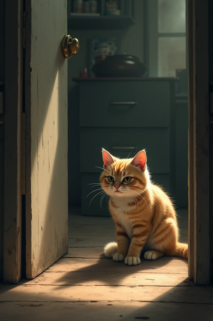 The cat urinates in the corner of a narrow room