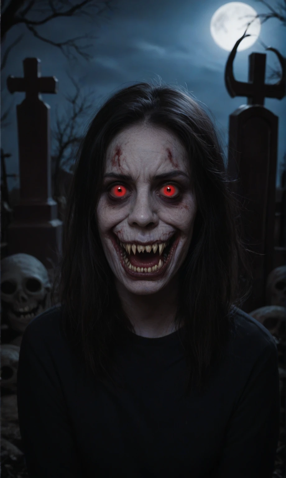 score_9, score_8_up, score_7_up, score_6_up, score_5_up, score_4_up, realistic style, photo, photorealistic, high detail, (sharp), (horror photo), cowboy shot, hideous witch, demon, (scary creature), scary face, pale skin, ugly face, demonic gaze, vampire fangs, looking at viewer, (graveyard background), night, (pitch darkness), dim moonlight, (great facial detail)