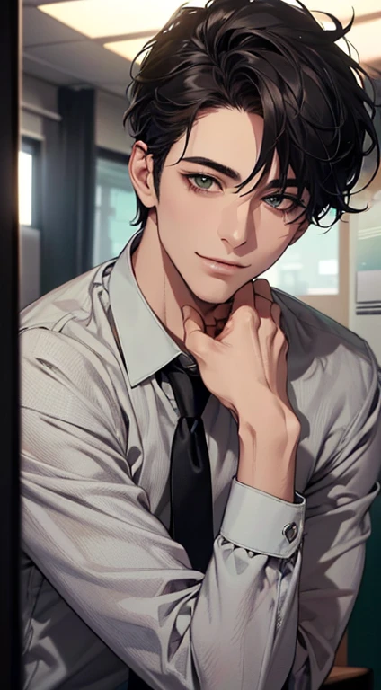 (Highest quality,4K,8K,High resolution,masterpiece:1.2),Super detailed,(Realistic,photoRealistic,photo-Realistic:1.37),1 person,34 years old,Mature Men,Beautiful skin、very handsome,Expressionless smile in love,Short gray Black hair,green eyes,Sharp Eyes,A perfect face without a doubt,Businessman, CEO, Office Background,Cinema Lighting,HDR image,tie、