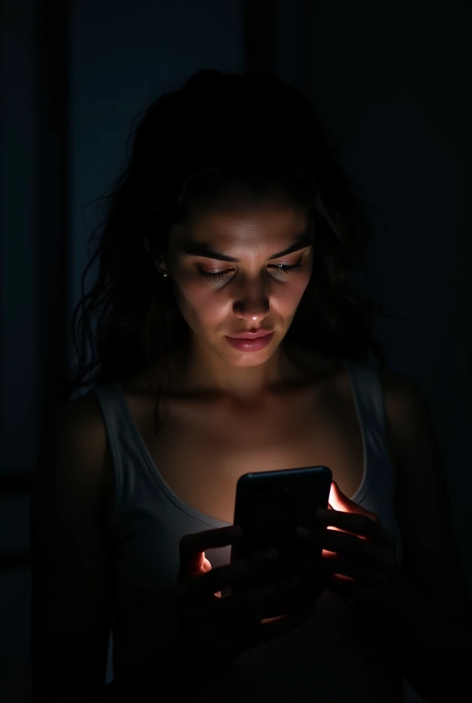 Dark room with soft light from a woman&#39;s cell phone: