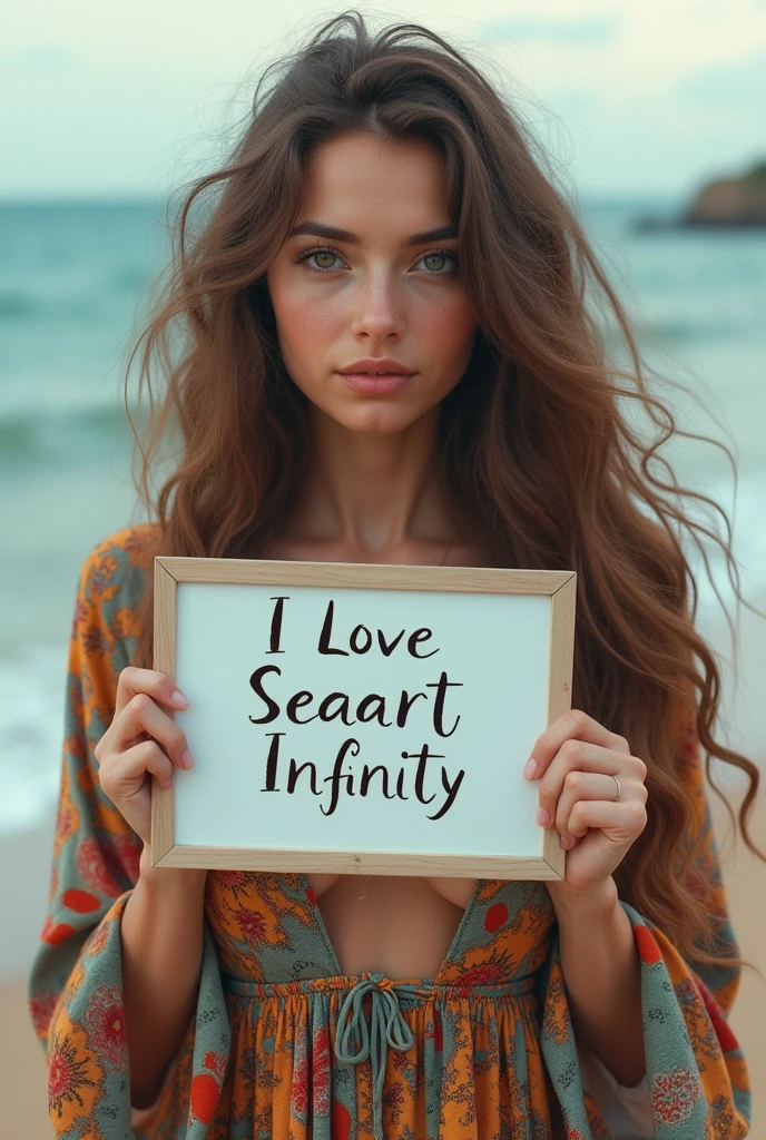 Beautiful girl with wavy long hair, bohemian dress, holding a white board with text "I Love Seaart Infinity" and showing it to the viewer