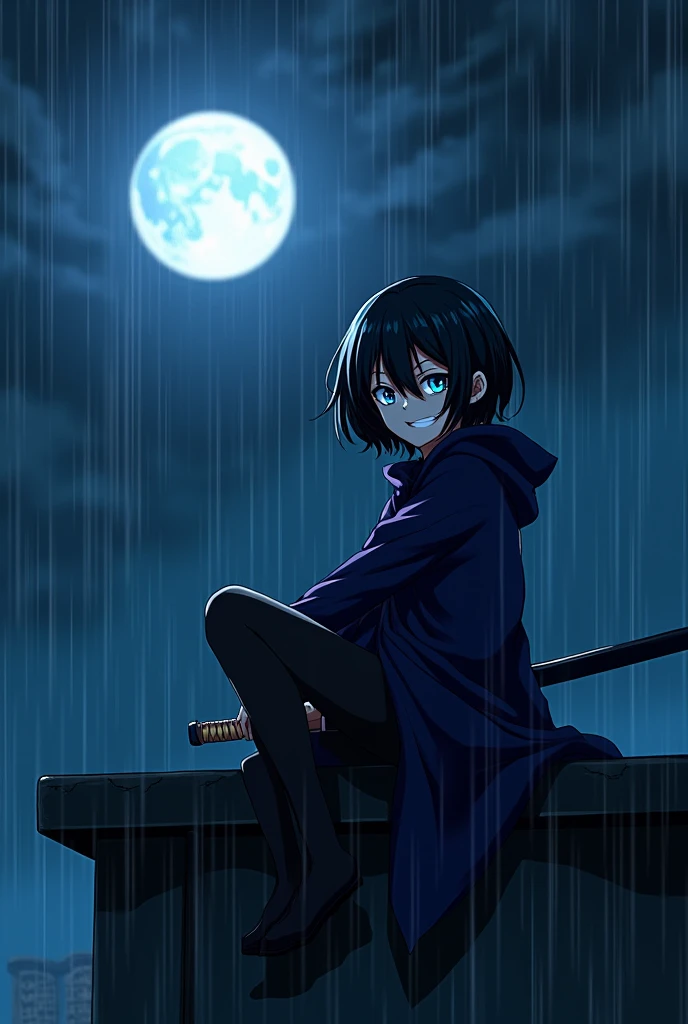 create an image of an anime pixeled girl sitting on top of a building, with a sadic smile on her face, short curled hair hiding her ears, blue eyes and an long dark blue akatsuki clothe and a pair of black stockings completely covering your legs, under the heavy rain and a full moon. half of his face is covered by a black strange shadow. she has a black long sword by her side