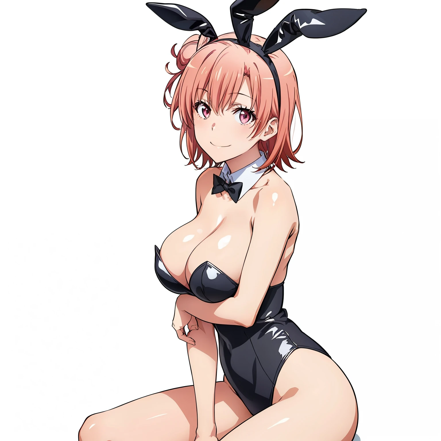 ((masutepiece, Best Quality, hight resolution, nffsw, Perfect Pixel, depth of fields, 4K, )), 1girl in, Solo, , Beautiful anime girl, Beautiful Art Style, close up, Looking at Viewer, Perfect body, side shot, Yuigahama Yui, Short hair, pink hair, pink eyes, hairbun, (large boob), side boob, sitting, black playboy bunny outfit, smile, hands on thighs, blank white background, shot from the waist up