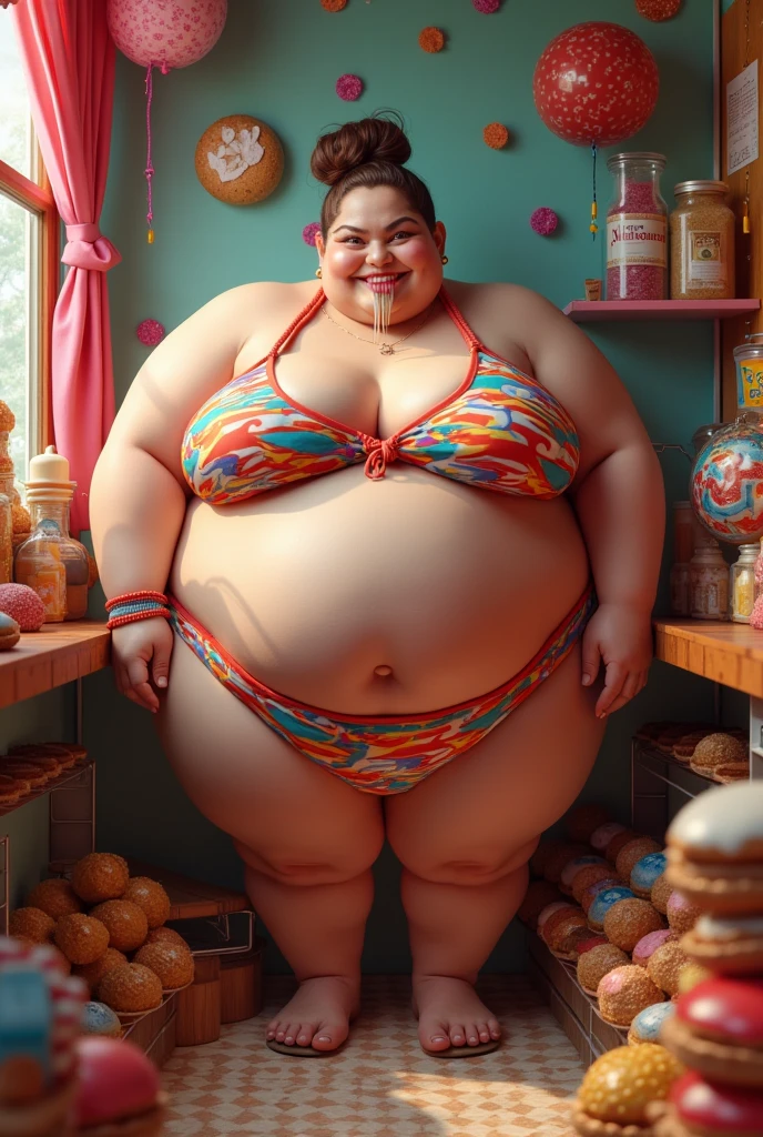 Carla Thais, woman with ugly body, bigger than a building, too fat, obese Morbid, gigant ass, gorda, obese, Immense, gigant ass, gigant ass, obese, Morbid, Immense, gorda, too fat, muito obese, drooling over food, fair skin and brown hair in a bun, exaggerated makeup, drooling over food usando um biquíni vibrante e colorido e saia. She must be in a setting with sweets and processed foods in the background., creating a playful atmosphere. Use detailed lighting to highlight your curves and expression