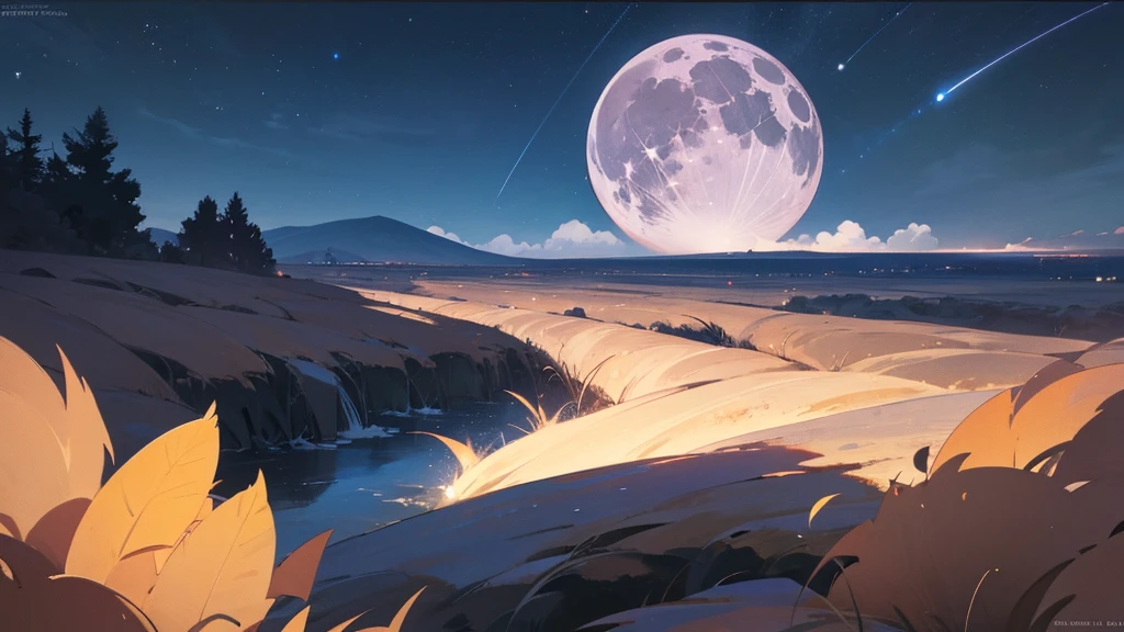make a picture of a night sky seen from afar, a landscape, full of crackling and a small full moon in the picture