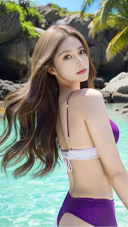long flowing hair、Strong winds、Purple eyes、Shining Eyes、photo Realistic、 (8k, Highest quality, masterpiece:1.2), (Realistic, photoRealistic, photo-Realistic:1.37), Very detailed,Beautiful and beautiful eyes, Beautiful and sophisticated nose, Light brown hair, blonde, Mole under left eye, highlighted hair, Big Breasts, Perfect body, Perfect breasts, Perfect Abs,whole body,whole bodyショット,Beautiful legs,Seaside,Tropical Sun,Swimwear,Frolic in the sea,splash,Sea