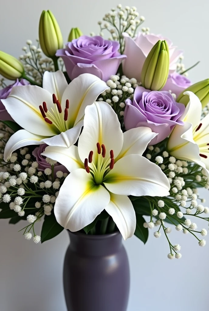 Realistic bouquet with lilies, alstroemeria, lilac roses and gypsophila.