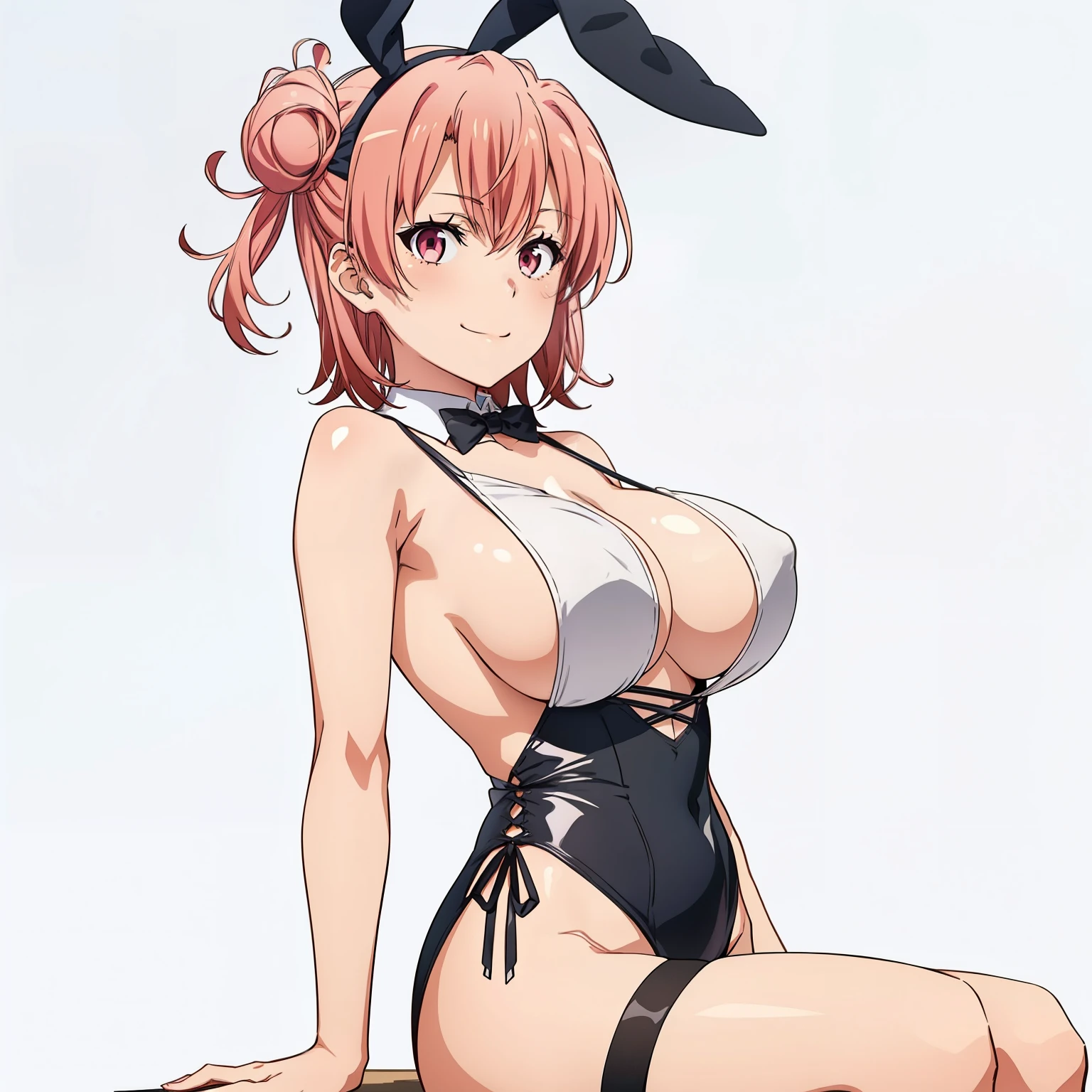 ((masutepiece, Best Quality, hight resolution, nffsw, Perfect Pixel, depth of fields, 4K, )), 1girl in, Solo, , Beautiful anime girl, Beautiful Art Style, close up, Looking at Viewer, Perfect body, side shot, Yuigahama Yui, Short hair, pink hair, pink eyes, hairbun, (large boob), side boob, sitting, black playboy bunny outfit, smile, hands on thighs, blank white background, shot from the waist up