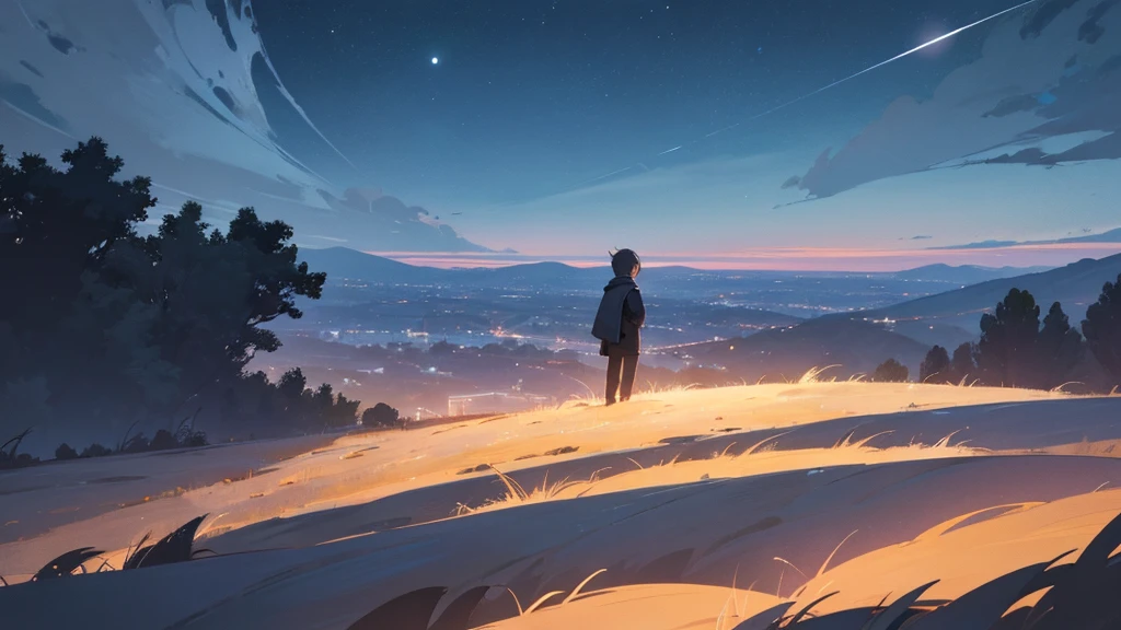 make a picture of a night sky seen from afar, a landscape, full of crackling and a small full moon in the picture