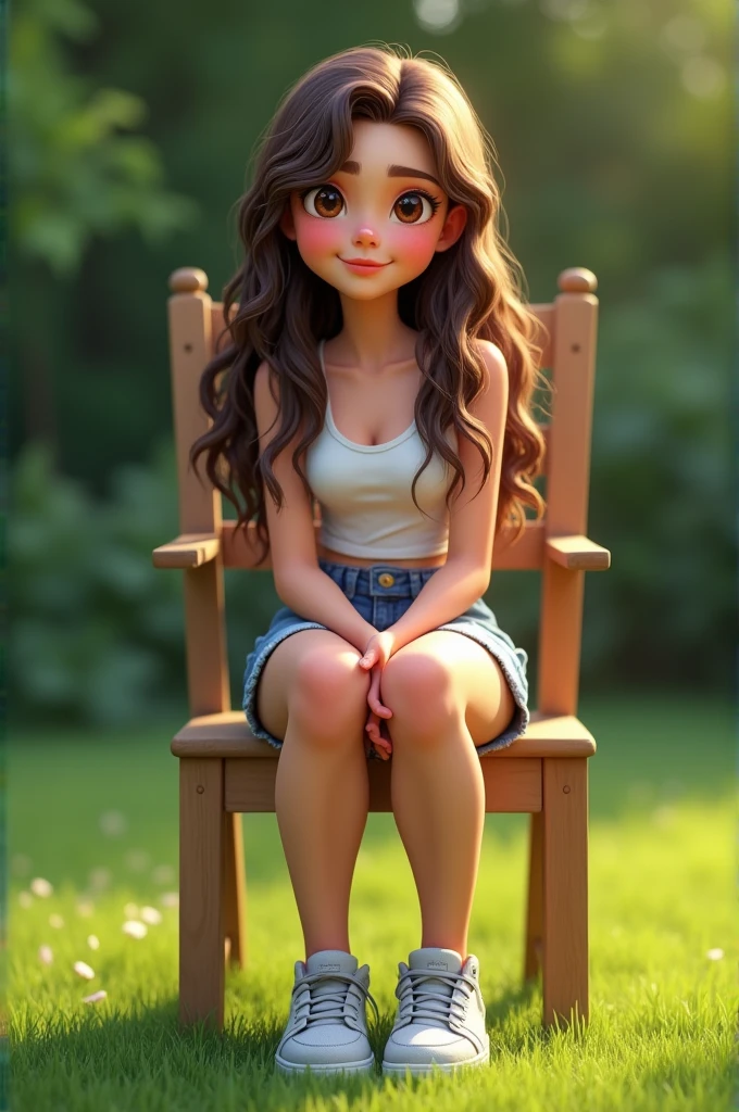 Can u make a realistic 15 year old girl with long brown wavy hair medium length face with hazel eyes with a closed smile smile. Wearing a tube top and Jean shorts
She has a little thick thighs. Wearing some grey Jordan shoes. She’s sitting down on a chair outside on grass
