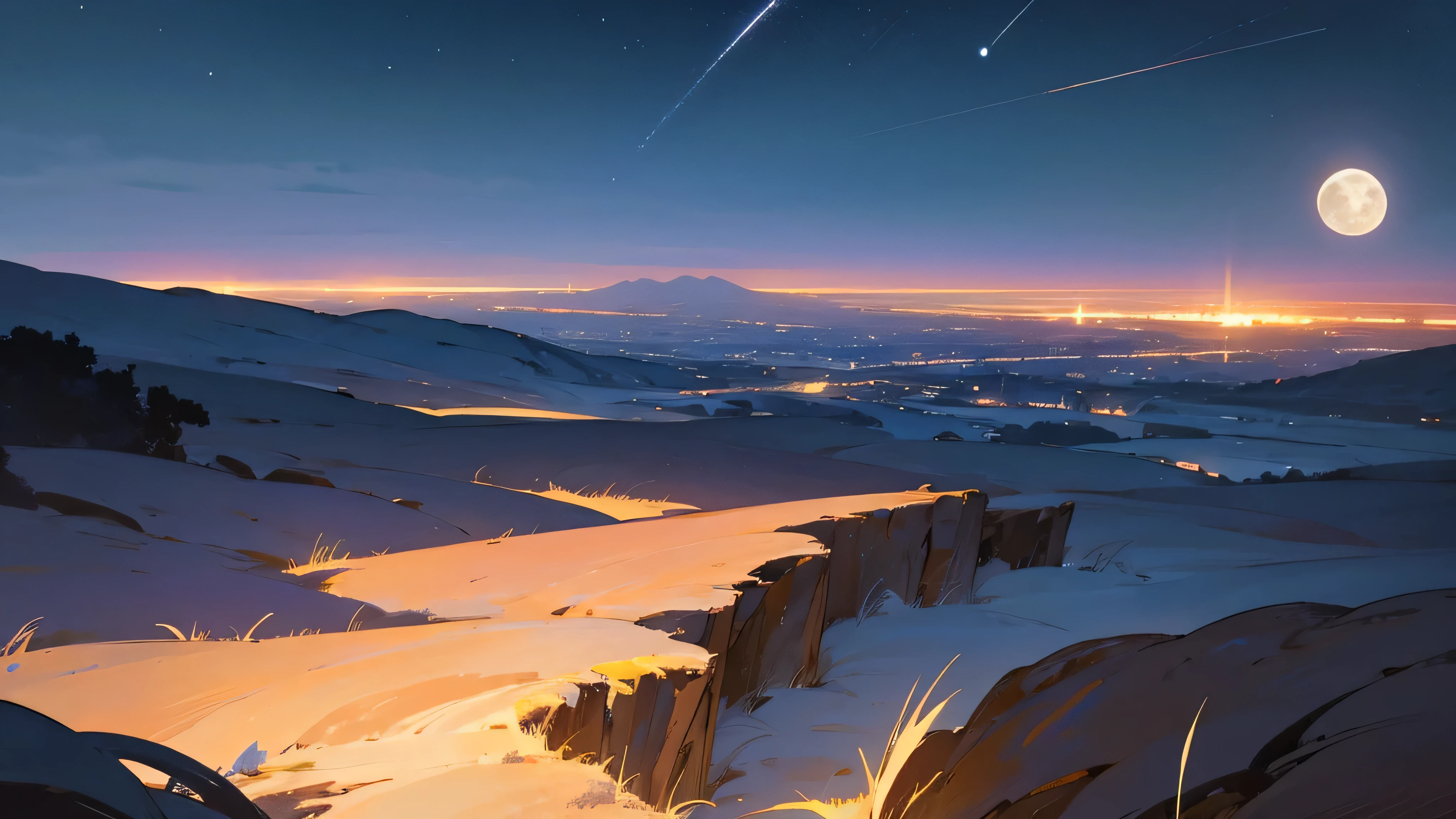 make a picture of a night sky seen from afar, a landscape, full of crackling and a small full moon in the picture