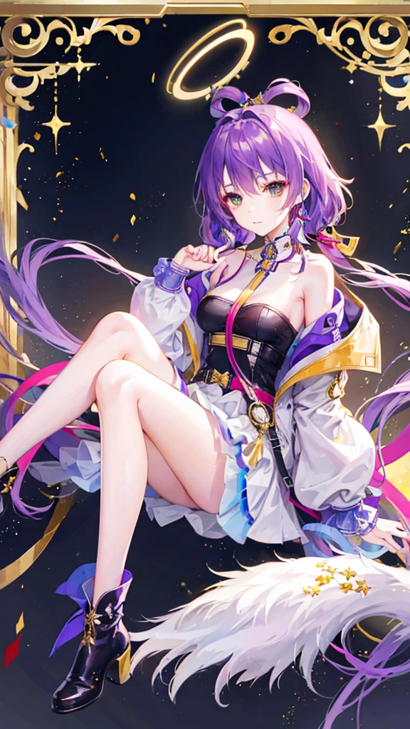 Hair intake，A young girl，Purple Hair，Halo，Trench coat，Over the knee boots，Serious expression，Red Eye，（high quality），Gold decoration，Neck strap，Ribbon ornaments，Sitting