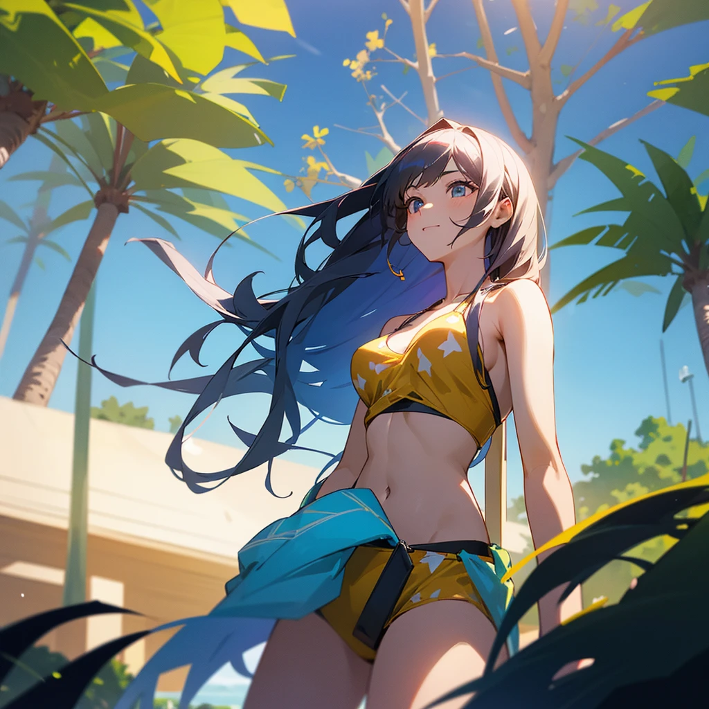 A girl with long hair high quality, in a park, with a beautiful bikini showing to everyone