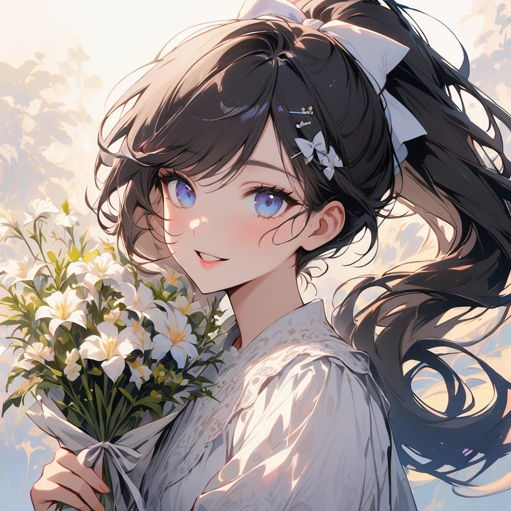 1girl, solo, blue eyes, black hair, flower, long hair, looking at viewer, holding, hair ornament, hairclip, white background, upper body, hair bow, bangs, bow, bouquet, simple background, shirt, white shirt, ponytail, smile, white flower, white bow, open mouth, holding flower, ribbon, holding bouquet, parted lips | 1