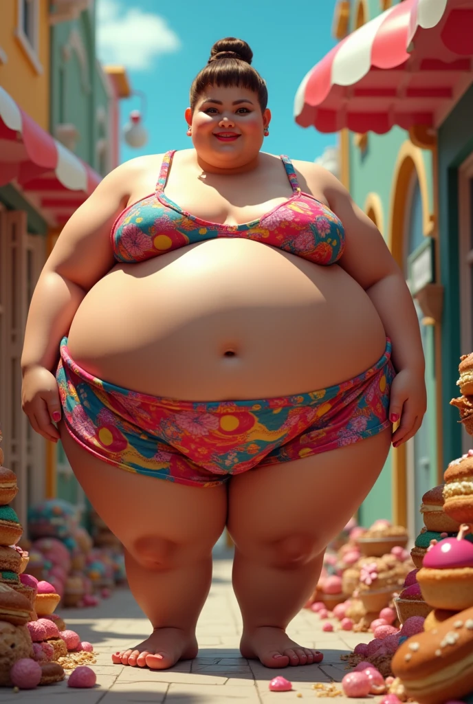 Carla Thais, woman with ugly body, bigger than a building, too fat, obese Morbid, gigant ass, gorda, obese, Immense, gigant ass, gigant ass, obese, Morbid, Immense, gorda, too fat, muito obese, drooling over food, fair skin and brown hair in a bun, exaggerated makeup, drooling over food usando um biquíni vibrante e colorido e saia. She must be in a setting with sweets and processed foods in the background., creating a playful atmosphere. Use detailed lighting to highlight your curves and expression