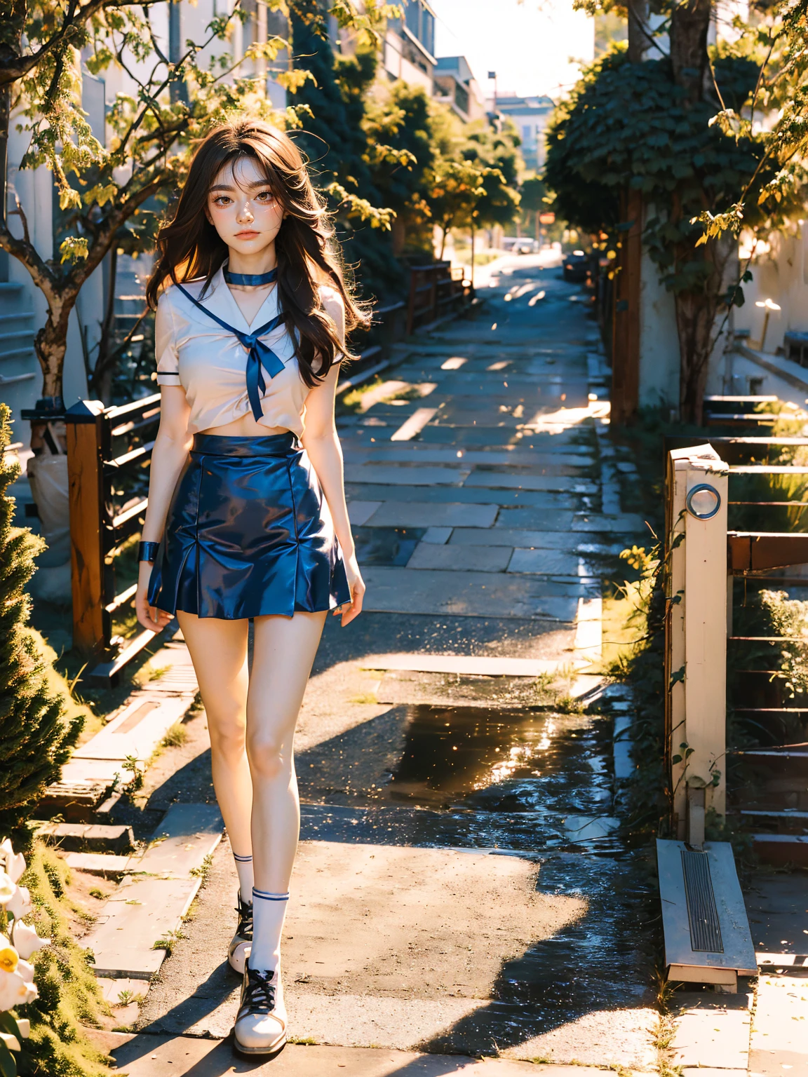(1 lady), (Best quality at best:1.4), (ultra - detailed), (extremely detailed CG unified 16k), A Beautiful Woman with Perfect Figure: 1.4, Sharp Focus: 1.2, very detailed, High-definition RAW color photo, professional photoshooting, amazing face and eyes, cosmetics, (amazingly beautiful girl), ((suzumiya haruhi)), NOT Dasha Taran, ((kita high sch0ol uniform, blue sailor collar, blue skirt, armband, hairband, medium long hair, ribbon, socks)), standing, nature, tree, park, realistic cinematic face, head to feet long wide zoomed out view, full body long view, photorealistic, she is standing straight, ((realistic natural caramel brown hair style, brown eyes)), gorgeous, extremely beautiful face, perfect model beauty, pout mouth, Highly Detailed Face and Skin Texture, Detailed Eyes, Double Eyelids, Medium Breasts, smiling hard, western, (masterpiece), best quality, high resolution, extremely detailed, blurred background, depth of field, cinematic lighting, amazing legs, combat boots, clear and well-cared skin,