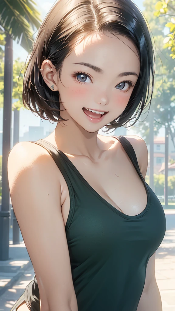 young woman、smile、(Wide forehead visible)、((Short Hair、Very large breasts))、blush、((masterpiece、High resolution、16K))、((Active summer clothing))、(Very close:1.5)、In town、(Focus on the upper body:1.5)、((Laugh with your mouth wide open))