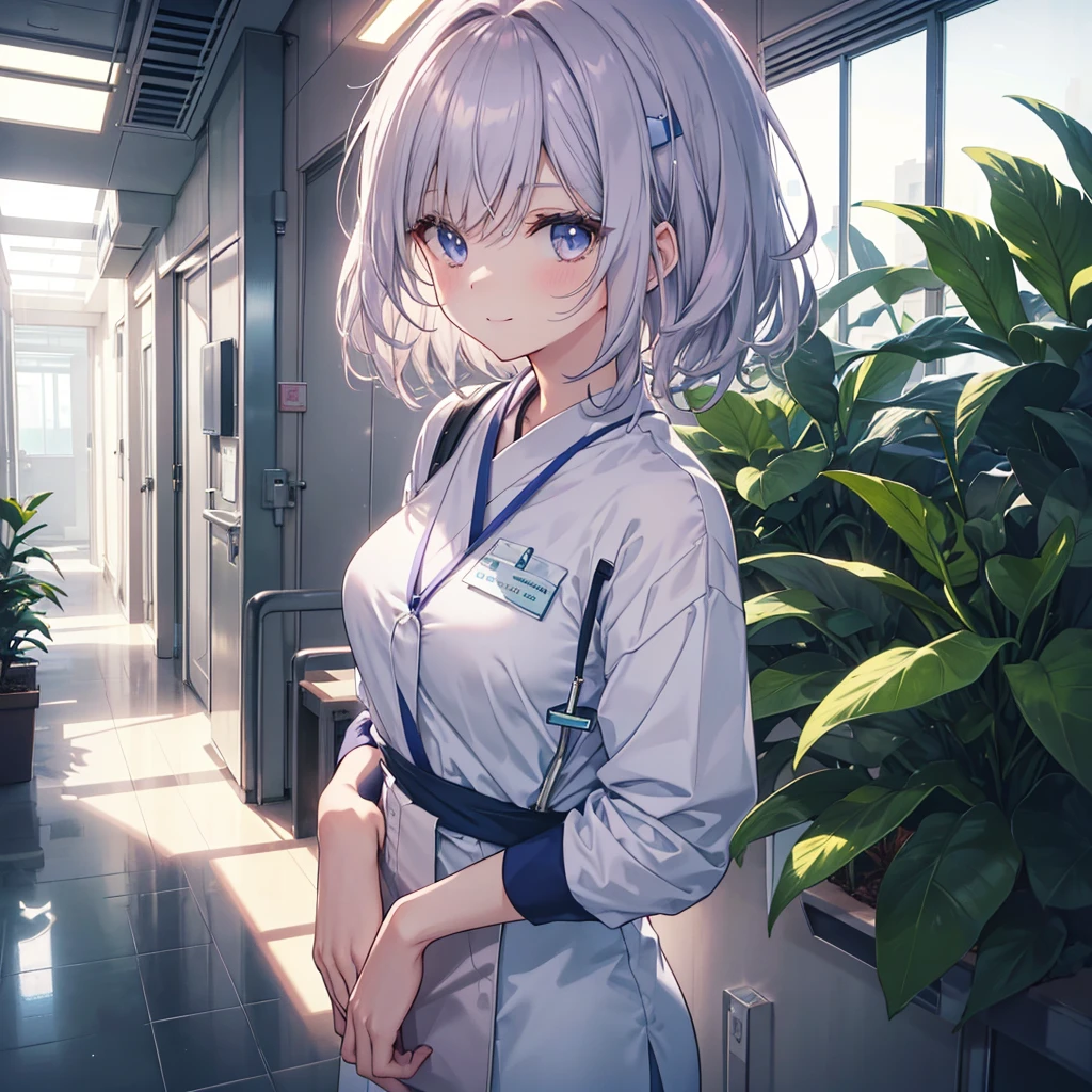 Display to the top of the head.one girl.solo. It should be a bust-up (from chest up) with high resolution and detailed depiction. Please create an anime-style illustration of a young nurse aide. She has soft, wavy short hair in a silver color with a subtle pink-purple tint. Her eyes are large, expressive, and blue, with a gentle yet serious expression. She is wearing light blue or white scrubs with a name tag. She is standing in a brightly lit hospital corridor, with plants and medical equipment in the background. The lighting is soft, casting gentle shadows to enhance the atmosphere. She is smiling.