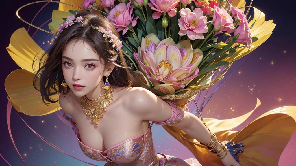32K, 最高quality, 最高masterpiece, (ultra-Detailed Background, Detailed Background), High resolution, Super detailed, Very detailedな, One girl, (bouquet:1.3), (Tangled:1.2), (Geometric:1.2),(colorful),(masterpiece, quality, best quality, Official Art, Beautiful and beautiful:1.2), (1 girl:1.3), Very detailed,(colorful:1.1)(Flowers:1.3),Most detailed,(Tangled:1.2), whole body, (Abstract background:1.3), (Skin glows), (Many colors:1.4), ,(Earrings Jewelry:1.5), Pink Background,