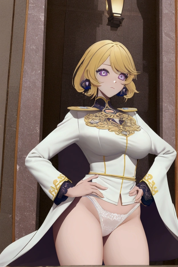 CocoliaV4, mitts, jewerly, purples eyes, aretes, white mitts, hand on hip, clothing cutout, yellow hair, medium hair,
(work of art, Maximum quality, best qualityer, offcial art, beautiful and aesthetic:1.2), (1 girl), extremely detaild, colorfully, More Detailed,
(Breasts huge:1.2,) trunk, from low, camel toe, White-panties, Skirt Lift,
citys,Street, leaning, wand, floor, nube,
