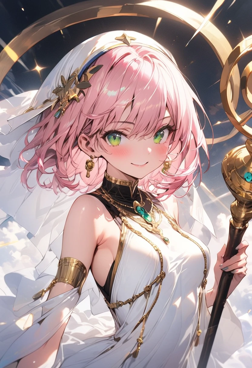 (masterpiece),(best quality),(ultra-detailed),(best illustration),(best shadow),(absurdres),(detailed background),(very aesthetic), priestess, short hair,curly bob cut, detailed skin, pink hair, green eyes, perfect face, White dress, gold_ornaments, ((Staff)), ((short breasts)), smiling, veil, 1girl, legs exposed, strikes, Perfect face, add_detail:1, add_detail:0, add_detail:0.5,