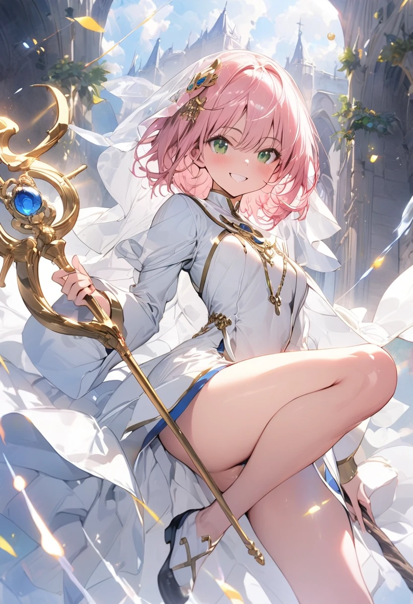 (masterpiece),(best quality),(ultra-detailed),(best illustration),(best shadow),(absurdres),(detailed background),(very aesthetic), priestess, short hair,curly bob cut, detailed skin, pink hair, green eyes, perfect face, White dress, gold_ornaments, ((Staff)), ((short breasts)), smiling, veil, 1girl, legs exposed, strikes, Perfect face, add_detail:1, add_detail:0, add_detail:0.5,