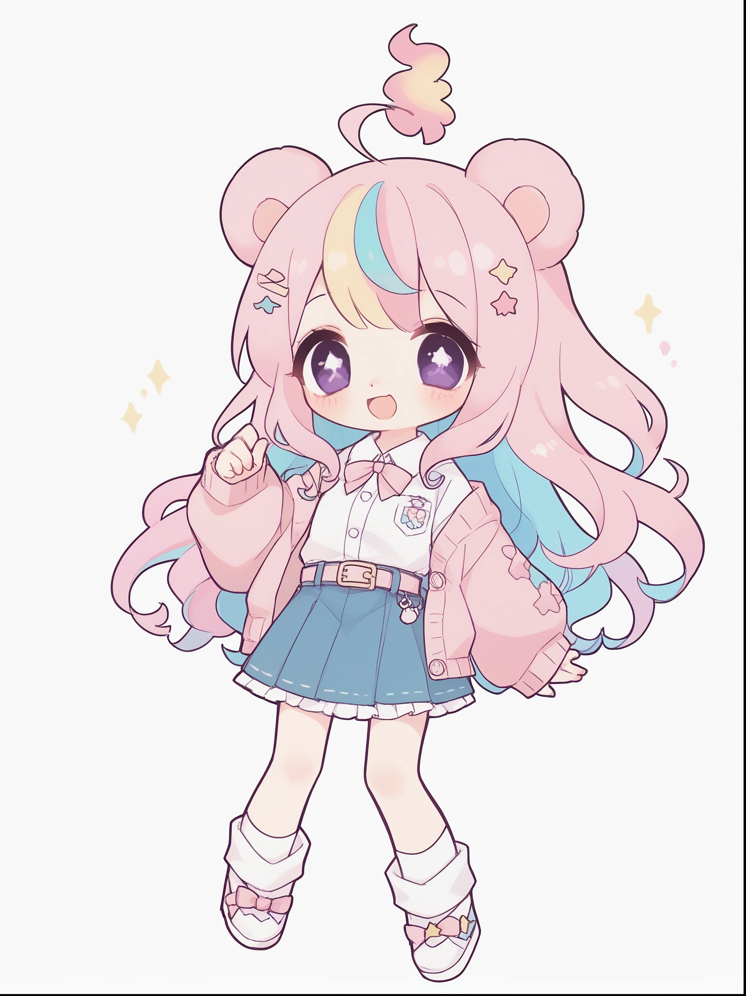 

woman、white background、looking at viewer、baby blue jean skirt with pink belt、pastel pink cardigan with buttons and a pastel pink bow、pastel multicolor hair、 purple eyes、 tiny bear ears、 bear ears、pastel rainbow hair、 star shaped eyes、 proud smile、full body