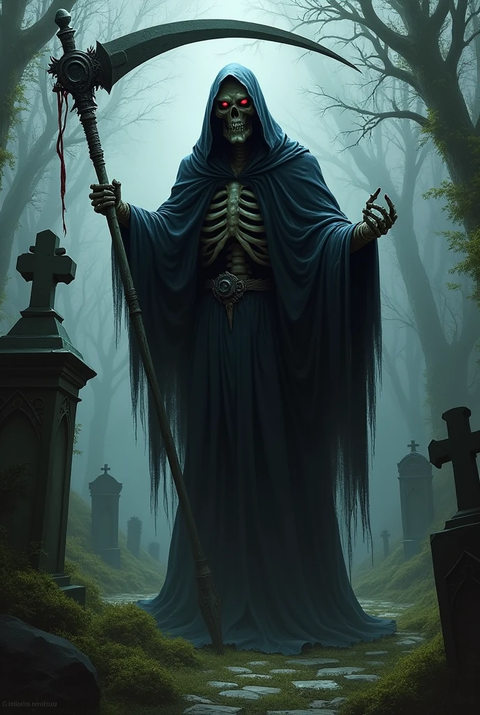 Illustrated character grim reaper with scythe inside the cemetery looking very angry