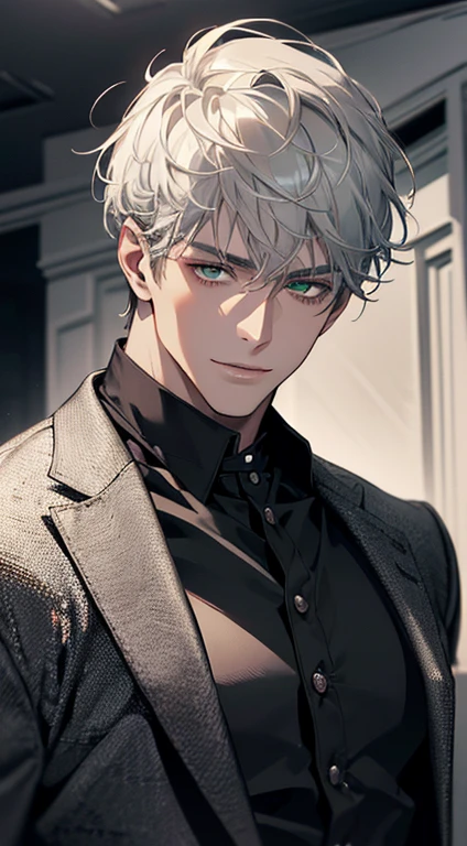 ((a mature man, very handsome, smile in love, short grey white hair, green eyes, perfect face without errors)), ((buttoning the jacket, CEO)), (best quality, masterpiece, 8K, photorealistic, cinematic lighting, hdr image, ultra detailed, beautiful image), (portrait, detailed facial features, intricate textures, realistic skin tones, highly detailed, ultra-realistic), (warm lighting, soft shadows, dramatic lighting), (muted color palette, rich tones), (professional photography, high resolution, studio lighting)