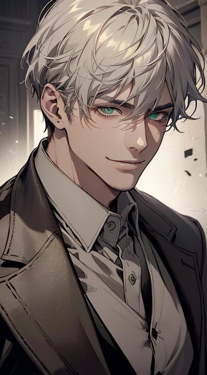 ((a mature man, very handsome, smile in love, short grey white hair, green eyes, perfect face without errors)), ((buttoning the jacket, CEO)), (best quality, masterpiece, 8K, photorealistic, cinematic lighting, hdr image, ultra detailed, beautiful image), (portrait, detailed facial features, intricate textures, realistic skin tones, highly detailed, ultra-realistic), (warm lighting, soft shadows, dramatic lighting), (muted color palette, rich tones), (professional photography, high resolution, studio lighting)