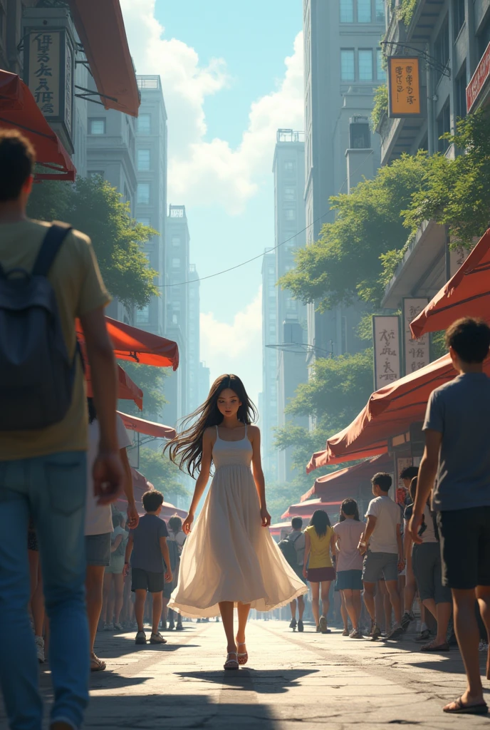 A girl walking down the street surrounded by people looking at her 