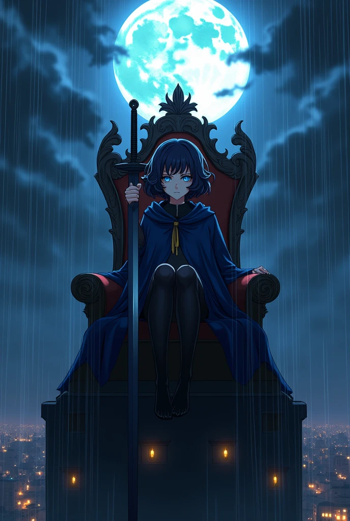create an image of an anime girl sitting on thronethrone in top of a building, with a sadic expression on her face, short curled hair hiding her ears, blue eyes and an long dark blue akatsuki clothe and a pair of black stockings completely covering your legs, under the heavy rain and a full moon. half of his face is covered by a black strange shadow. she has a black long sword by her side