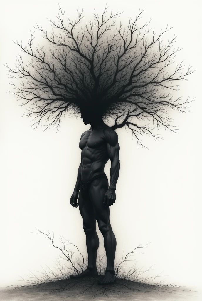 Sketch of the silhouette of a tree but the trunk is a mans body