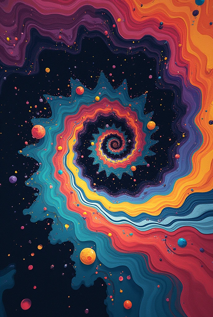 2D psychedelic image in the shape of a spiral that mixes monochromatic and colorful parts