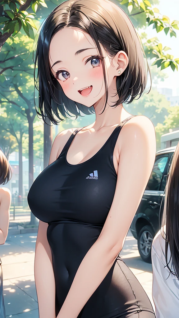 young woman、smile、(Wide forehead visible)、((Short Hair、Very large breasts))、blush、((masterpiece、High resolution、16K))、((Active summer clothing))、(Very close:1.5)、In town、(Focus on the upper body:1.5)、((Laugh with your mouth wide open))