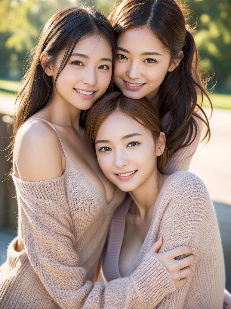 (masterpiece:1.3), (8K, Photoreal, Raw photo, best image quality: 1.4), Japanese high school girl、Similar twins、2 girls、(random hairstyle:1.2)、cleavage:1.2、super detail face、eye for details、double eyelid、chest to chest、sharp focus:1.2、Beautiful woman:1.4、light brown hair、highest quality、masterpiece、Super high resolution、(Photoreal:1.4)、Highly detailed and professionally lit smiles、loose and light knitwear, Two girls are touching each other's bodies because they are surprised that they have exactly the same face.