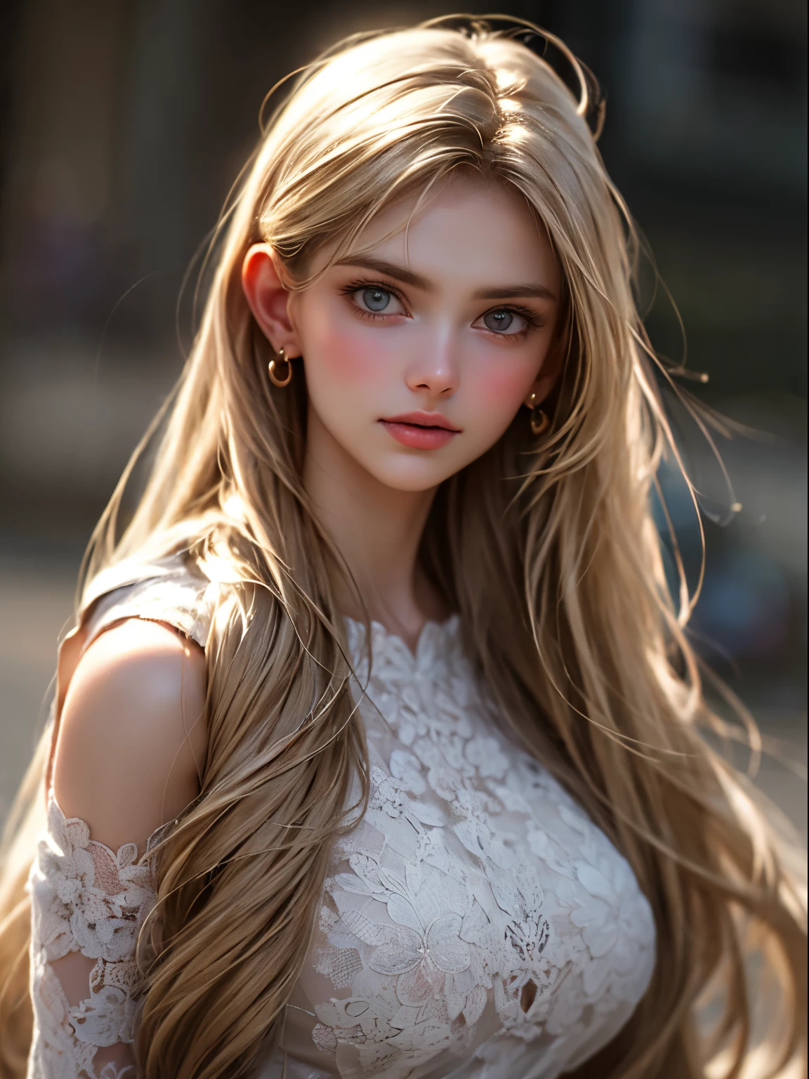(Highest Quality,4K,8K,High Resolution,Masterpiece:1.2),Super Detail, (Realistic,Photorealistic,Photorealism:1.37),Full Body Portrait,One Girl,Perfect Hourglass Illustration,Exquisite Features,Mysterious Eyes,ColourfuFloral Dress,Bare Shoulders,Blushing,Shy,Blonde Long Hair, Looking at audience, Large breasts, Depth of written border, High definition image, Thin waist