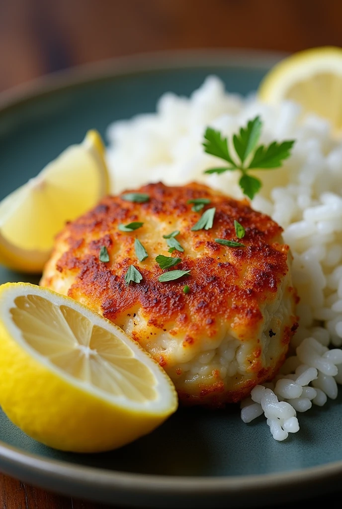 Image of a fish cake with a portion of rice and a halved lemon