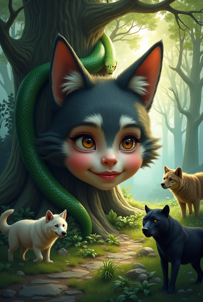 create an image with half a child&#39;s face and half a wolf&#39;s face both smiling, the faces should give the impression of being a single being In the background a forest containing wolves, a grizzly bear and a black panther At the top of the tree a giant green snake