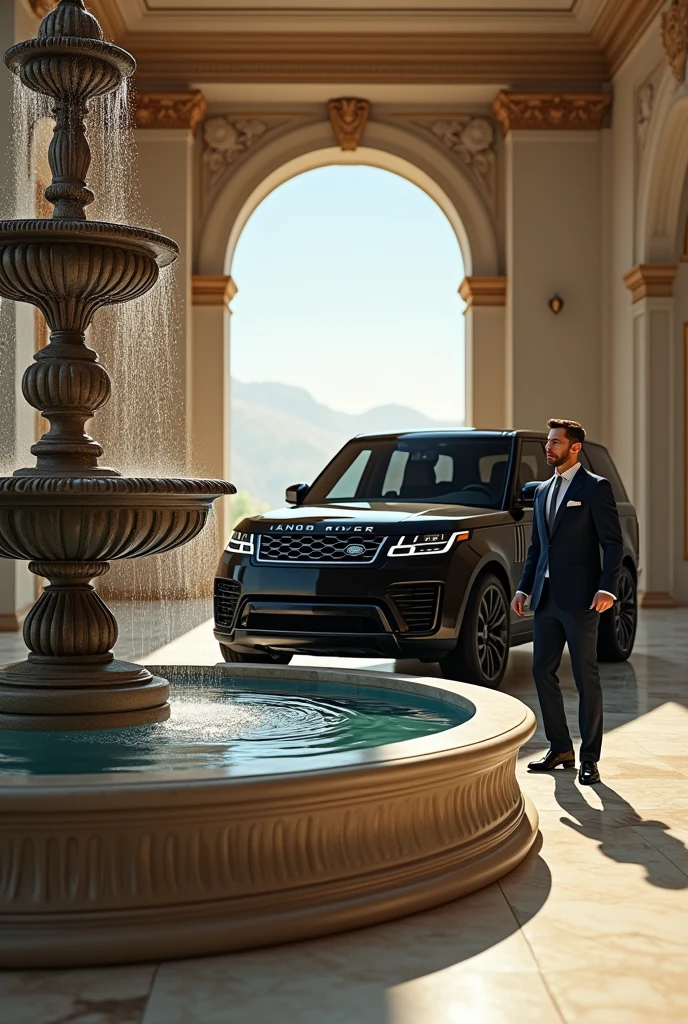 Create an adult with a Land Rover by parking your car in your huge house that has a water fountain in front