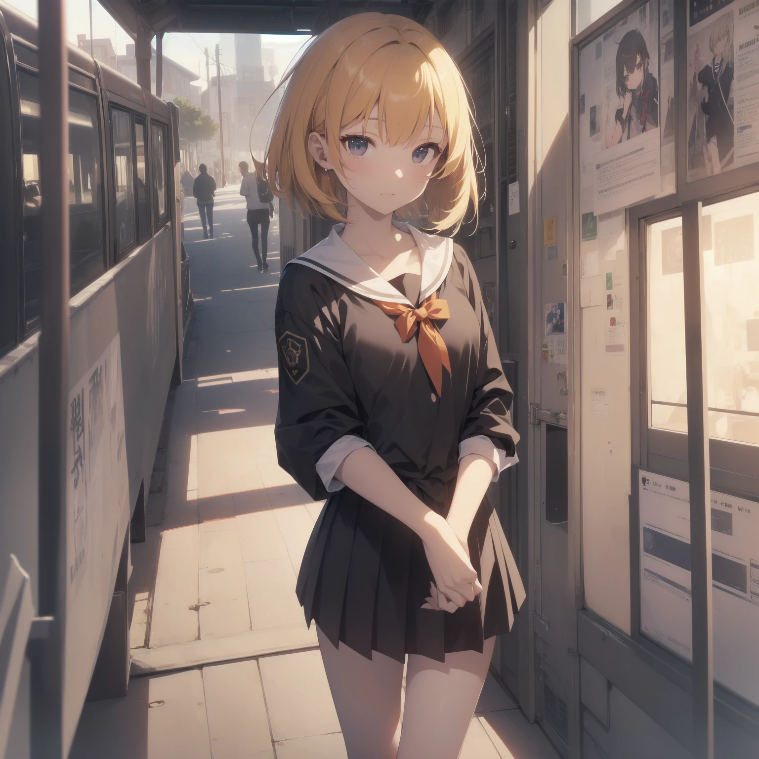 ultra-absurdres-Top quality by artist God, ultra-detailed, high resolution, anime moe artstyle, best anime 8k konachan wallpaper, pixiv contest winner, pool:2810, perfect anatomy,break, 1girl, (Please draw a girl walking sleepily to school alone. )break,(Solo,little female, 13-year-old:1.3),Full limbs, complete fingers,a junior high school student, (very short hair), short cut, flat chest, , small butt, small black eyes, beautiful detailed eyes, well-proportioned iris and pupils, expressive eyes, highres detailed hair, soft expression, salor school_uniform, sailor collar, serahuku, bow, pleated skirt,(Detailed Lighting), (Detailed background), in the School commute route. break,super detailed skin, Best cinematic lighting powered by famous artist, 8k,beauty illustration,photoshop_(medium),very aesthetic,break,((artist:yd_(orange_maru) )), artist:clamp ,artist:carnelian ,artist:kantoku ,