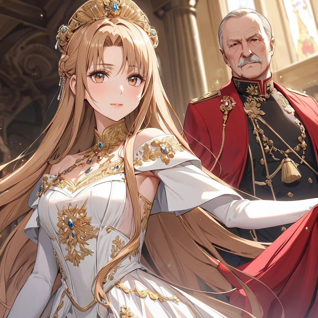 ((Highest quality)), ((masterpiece)), (detailed), （Perfect Face）、The woman is Yuuki Asuna, a Russian with light brown, medium-long hair, an elegant, graceful and beautiful Russian noblewoman, and the Empress of the Great Russian Empire.、The woman is beautifully dressed in the gorgeous and glittering gold-colored Russian court dress of an ancient Russian empress, with gorgeous accessories, and a beautiful and luxurious kokoshnik.、The woman is standing next to a great and dignified old Russian emperor.
