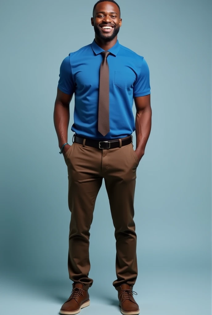 A black man smiling, baldie, blue polo shirt, dark brown tie and pants with elegant sneakers