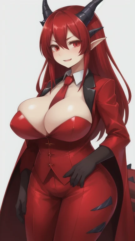 Anime woman in suit and tie with a dragon in the background, dragon - inspired costume, by Yang J, Human and dragon fusion., Japanese cute demon girl, pretty girl in Demon Slayer art, epic and elegant portrait, trend in artstation, by Oliver Sin, crimson suit, black and red suit, highly detailed exquisite fanart, vampire huge breasts
