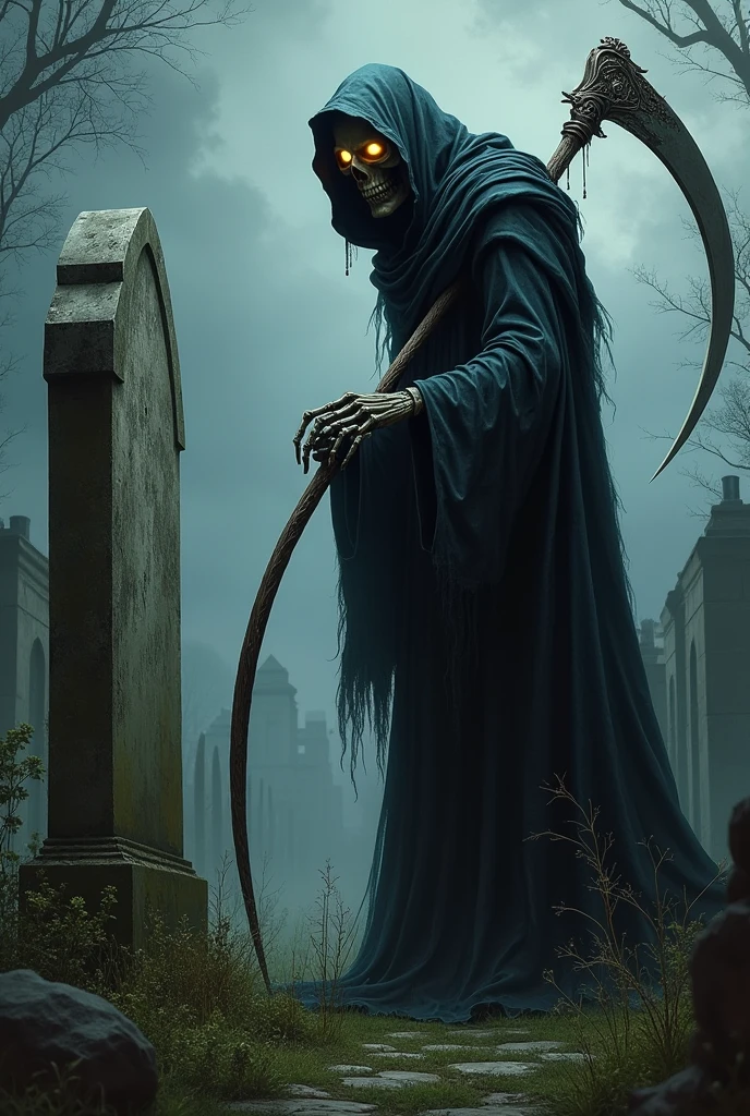 Illustrated character grim reaper with scythe inside the cemetery looking very angry. I would like to see you looking at a tombstone in profile