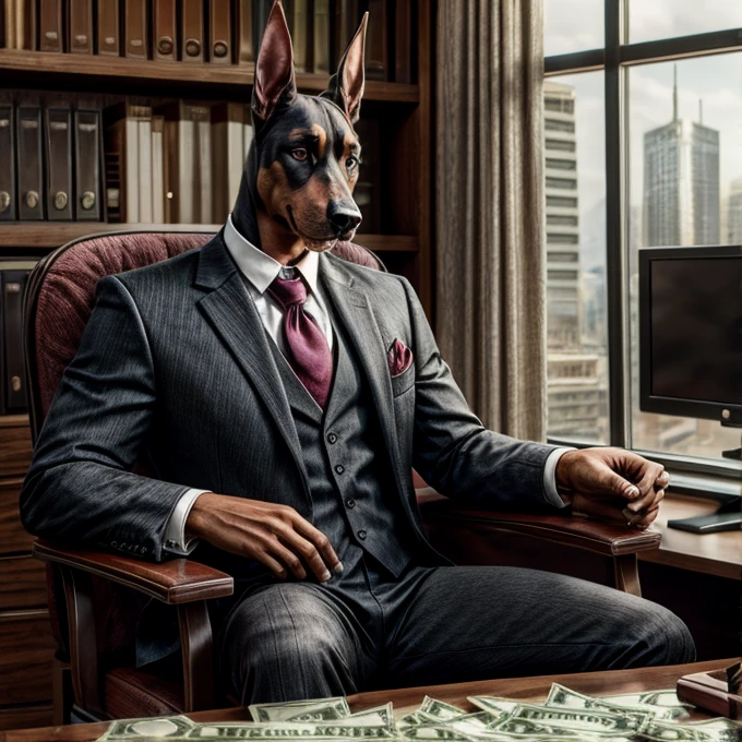 Doberman dog wearing a suit and tie sitting on an armchair in the office with dollar bills on the table 