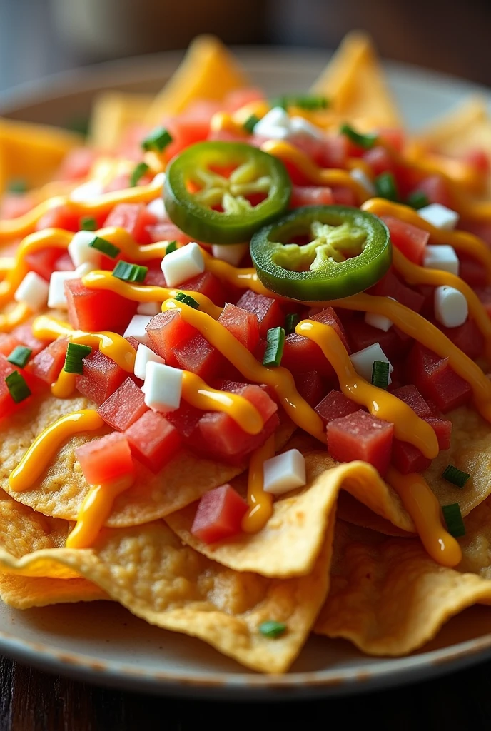 Plate with round nachos covered with diced tomato and white onion, seasoned with liquid yellow cheese and ketchup with slices of pickled jalapeños. Everything very abundant.
