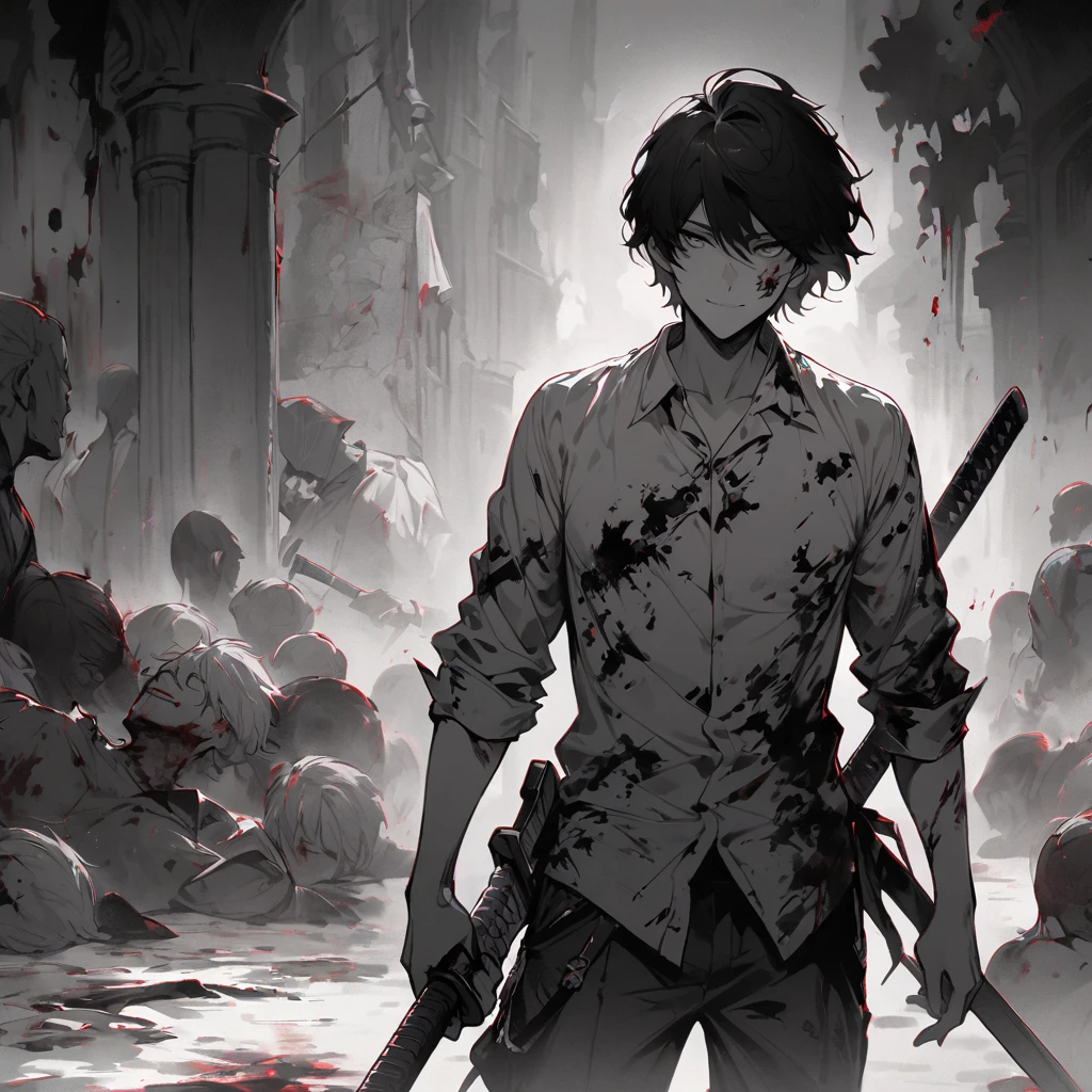 monochrome, greyscale, weapon, blood, 1boy, sword, holding weapon, male focus, holding, corpse, katana, looking at viewer, holding sword, smile, blood splatter, short hair, blood on face, solo, pants, blood on clothes, shirt, scar 1 2:3