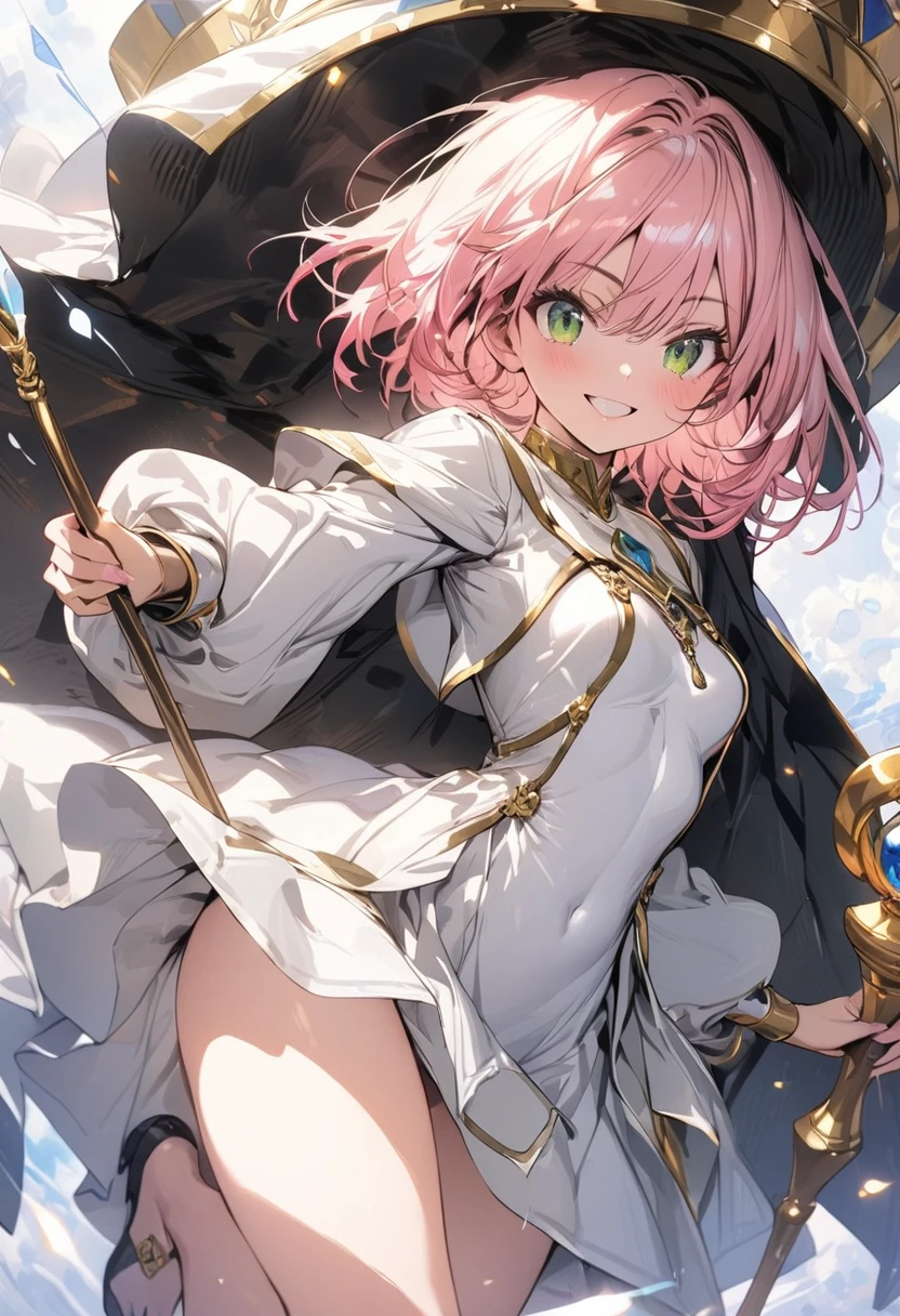 (masterpiece),(best quality),(ultra-detailed),(best illustration),(best shadow),(absurdres),(detailed background),(very aesthetic), priestess, short hair,curly bob cut, detailed skin, pink hair, green eyes, perfect face, White dress, gold_ornaments, ((Staff)), ((short breasts)), smiling, veil, 1girl, legs exposed, strikes, Perfect face, add_detail:1, add_detail:0, add_detail:0.5,
